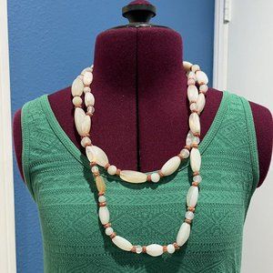 Vintage Long Strand Chunky White Agate Hand Knotted Necklace Orange Accents